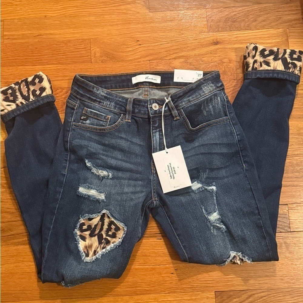 KanCan Safari Soul Skinny Jeans Distressed Leopard Print Patch Dark Wash 7/27 - Picture 5 of 10